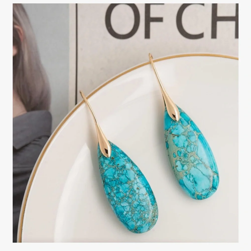 🆕 Natural Healing Stone Fishhoop Dangle Drop Earrings Statement - Picture 4 of 7
